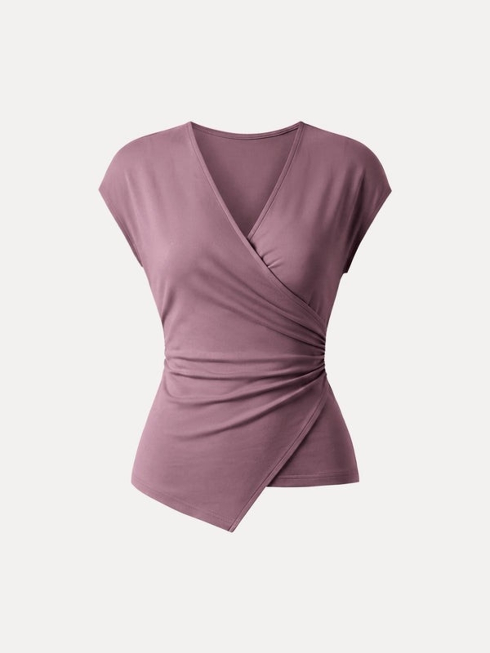 OGL Lyocell Wool Surplice Cap Sleeve Asymmetrical Top In Rose Plum